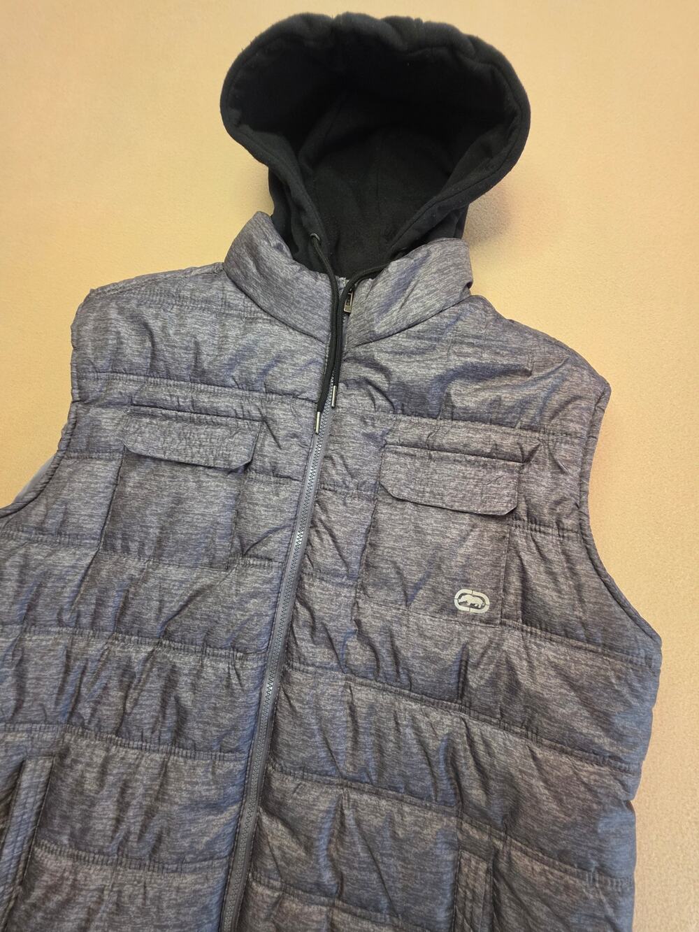 Ecko Unltd Hooded Puffer Vest Hoodie Jacket Gray & Black Marled Sz XXL